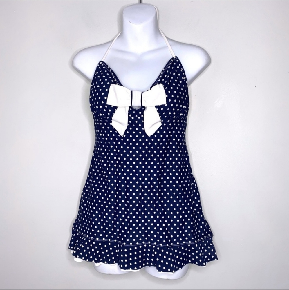 Eco swim One piece swim dress around neck tie polka dot bow detail back Size 6 - Picture 1 of 7